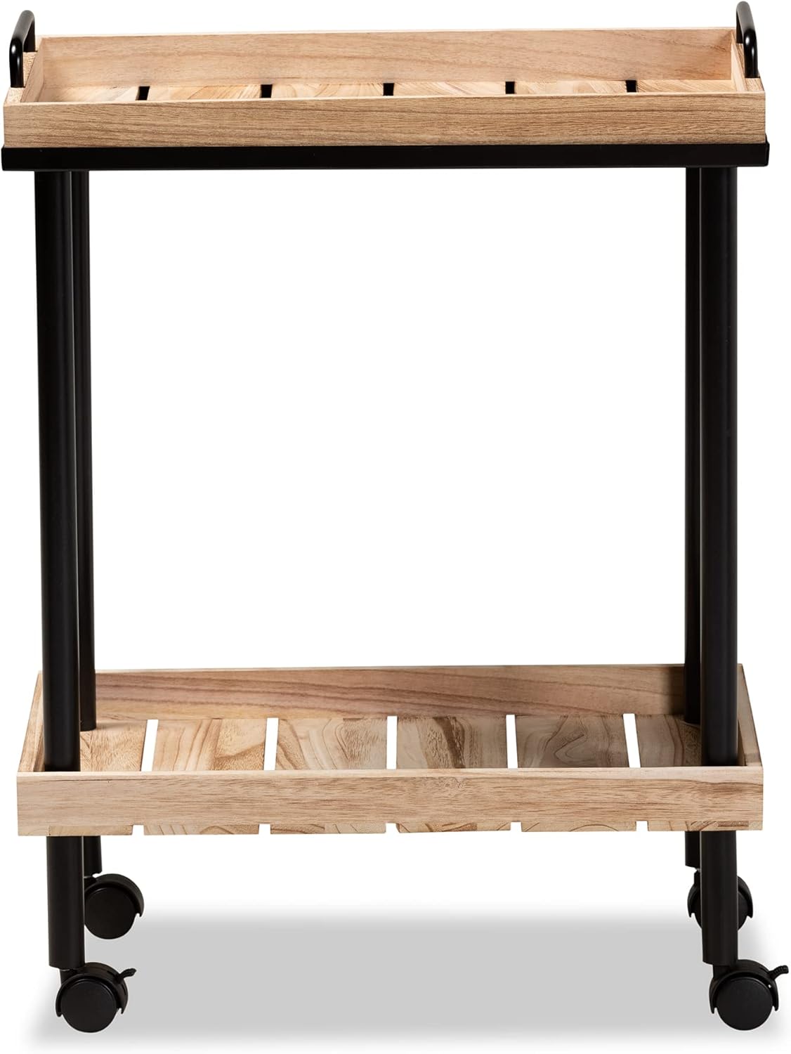 Oak Brown Finished Wood and Black Metal Kitchen Cart Q148