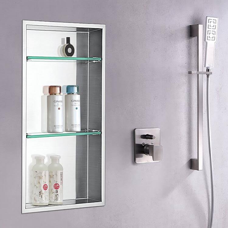 Stainless Steel Finish Shower Niche with Two Glass Shelves A257