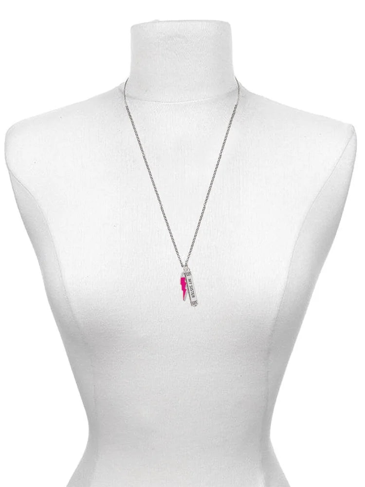 Silvertone Hot Pink Lightning Bolt Sister Bar Charm Necklace, 23" D507