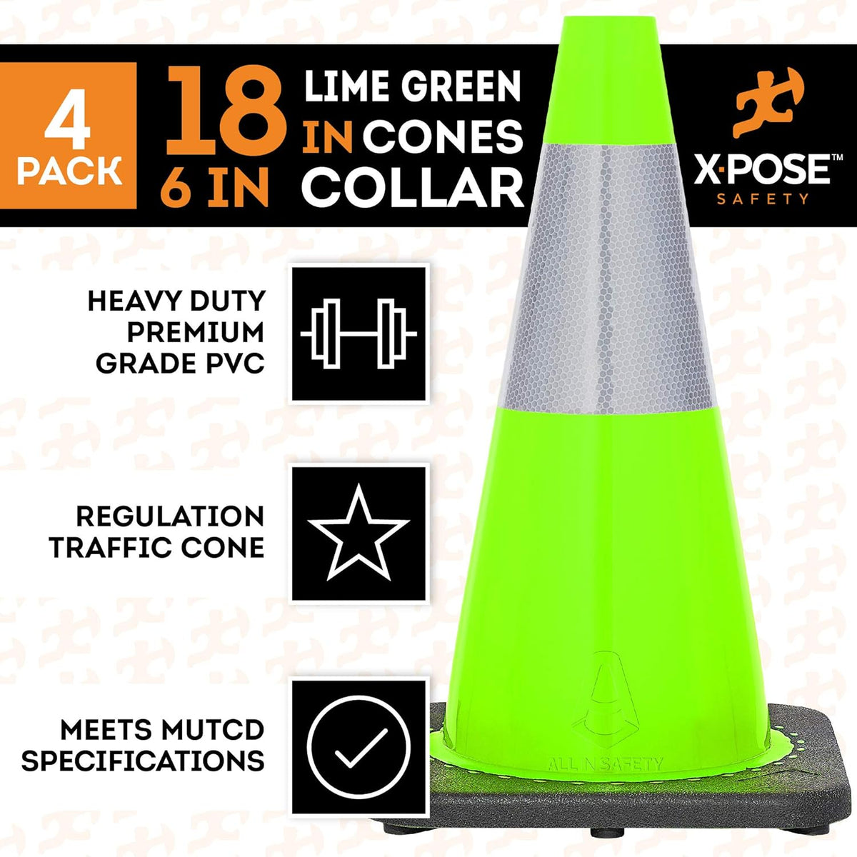 Lime Green PVC Traffic Cone with Reflective Collar, 4 Pack V566991