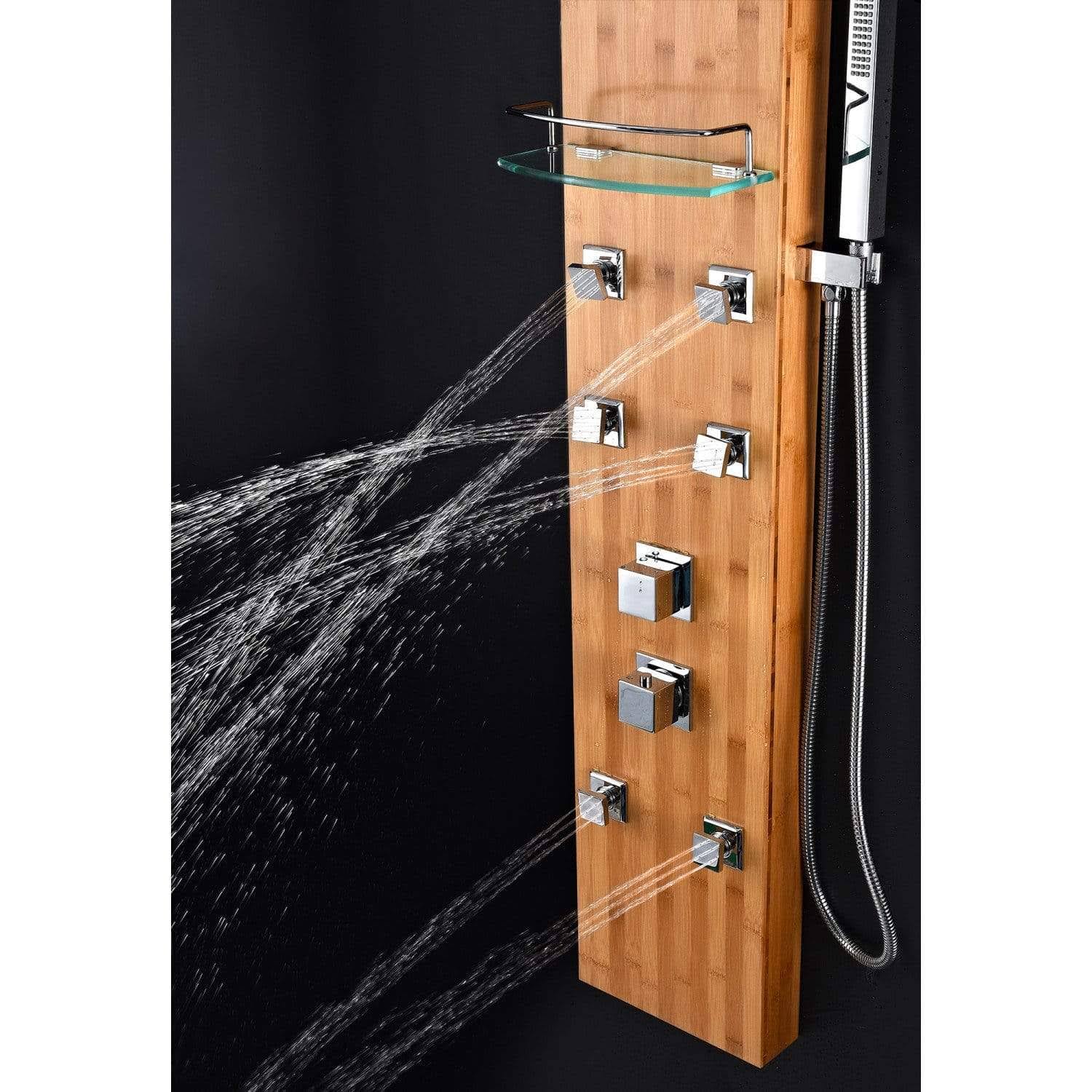 Full Body Shower Panel with Heavy Rain Shower and Spray Wand in Natural Bamboo H316921