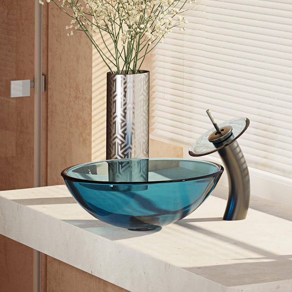 Colored Glass Vessel Sink with Oil Rubbed Bronze Waterfall Faucet M93276