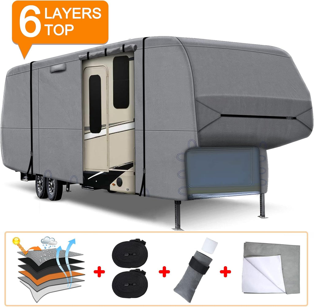 6 Layers Top 5th Wheel RV Cover Anti-UV Camper Cover Breathable Rip-Stop with 2Pcs Extra Straps & Gutter Spout Covers F94043